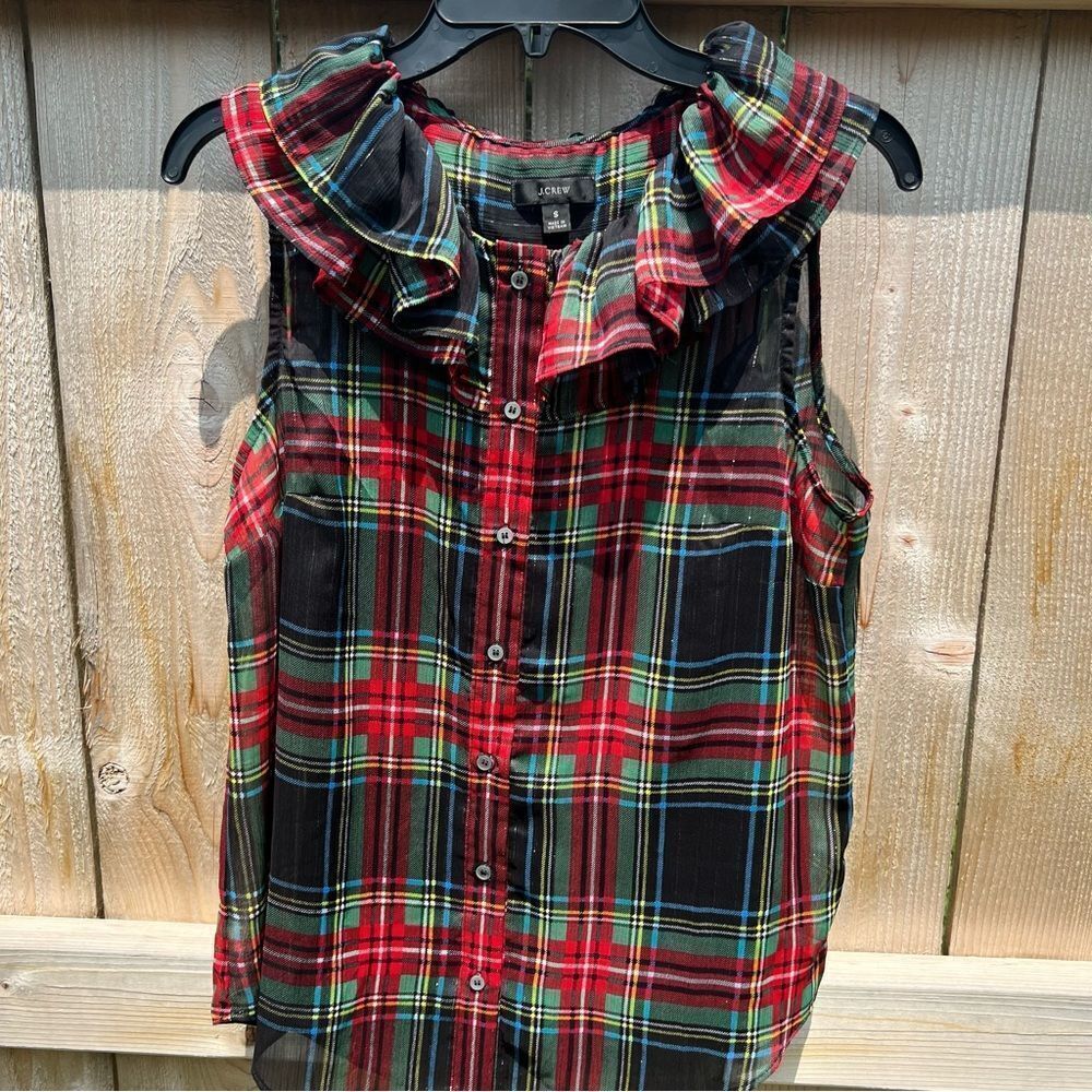 J Crew Sheer Plaid Buttoned Down Sleeveless Ruffled Top size Small